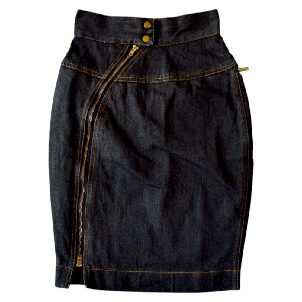 Vintage Dark Wash Denim Pencil Skirt Asymmetrical Zip XS